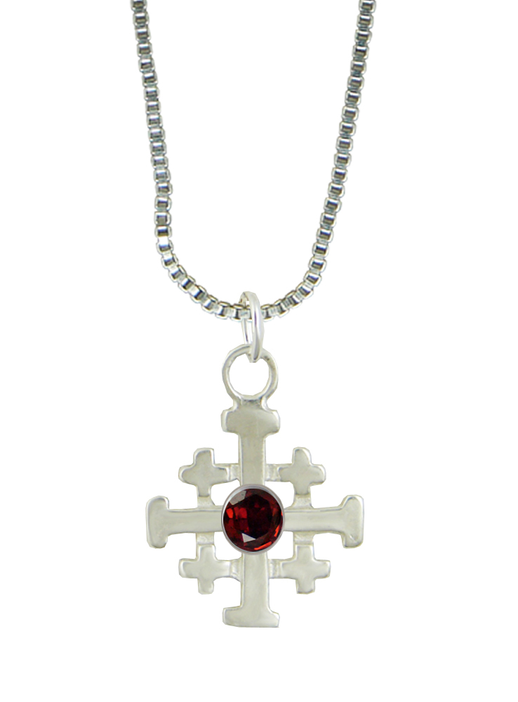 Sterling Silver Small Jerusalem Cross Pendant With Garnet